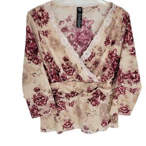 VTG Babydoll Blouse Floral Surplice Lace Trim 1X Mesh Whimsigoth fairy grunge